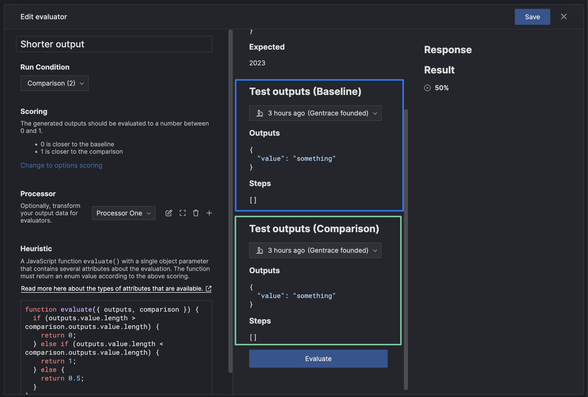 Comparative evaluator output blocks