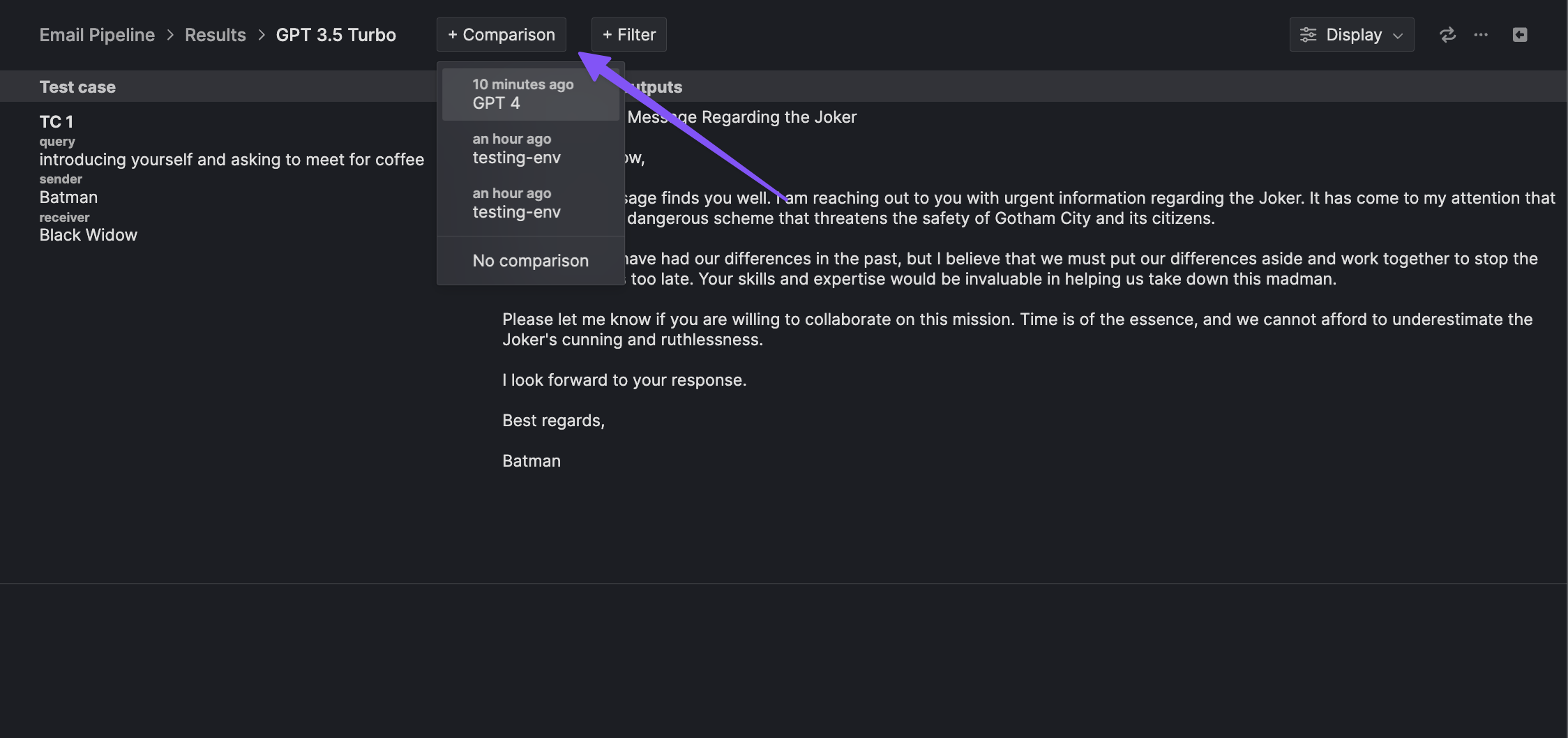 Comparative evaluator - select comparison