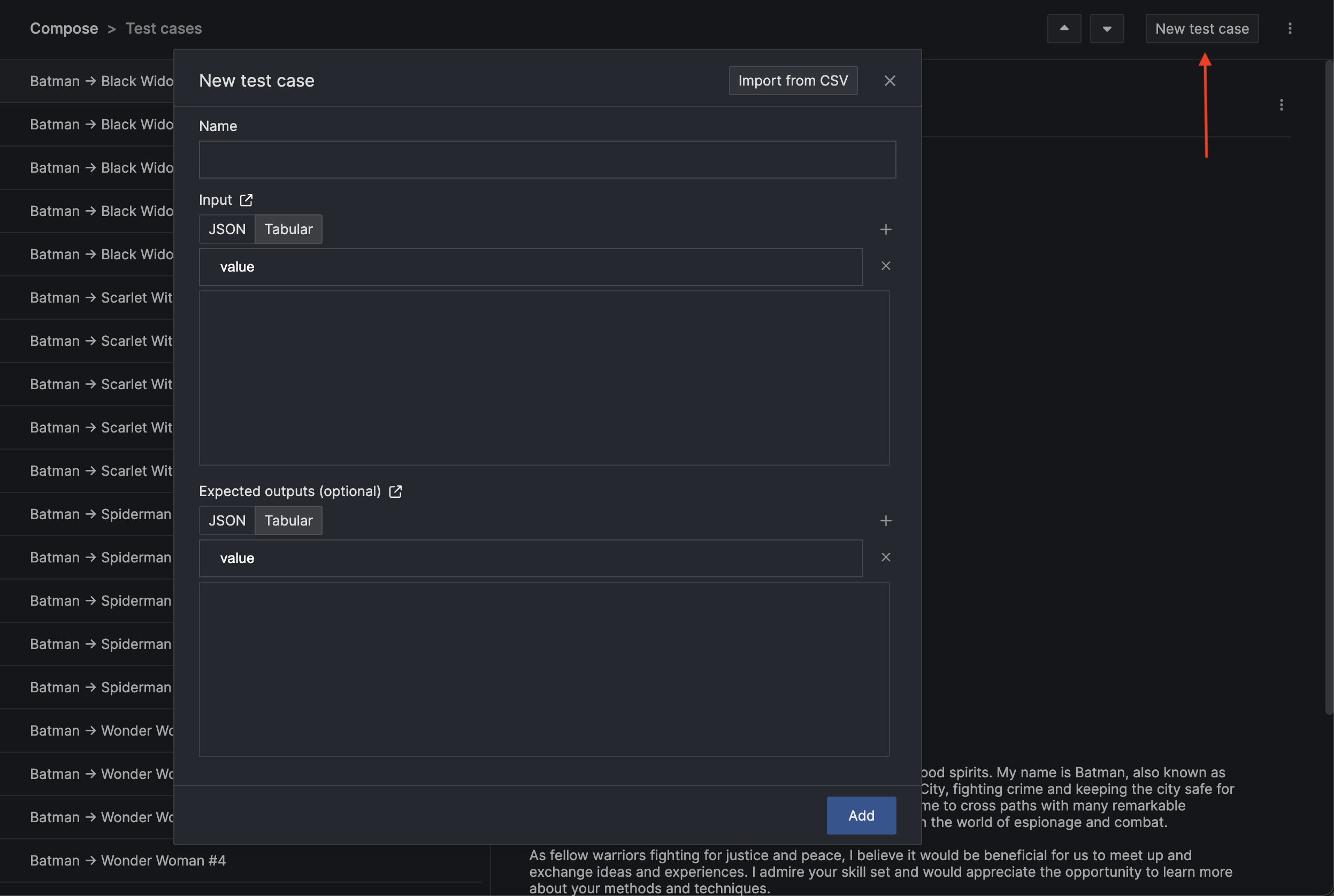 New test case modal