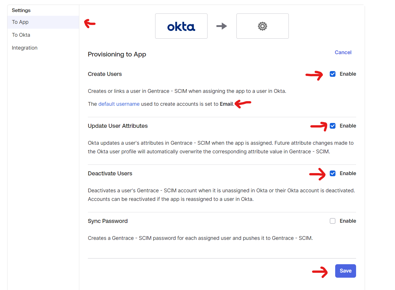 Configure Okta SCIM &quot;To App&quot; settings
