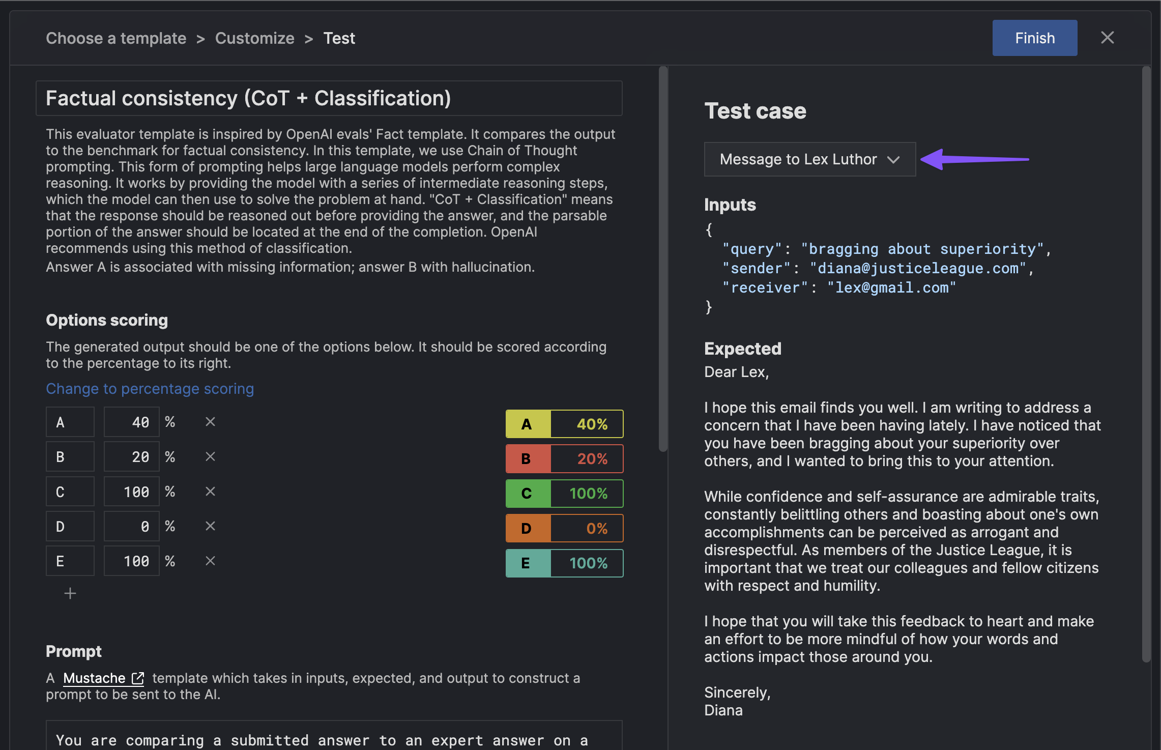 Select test case for evaluator
