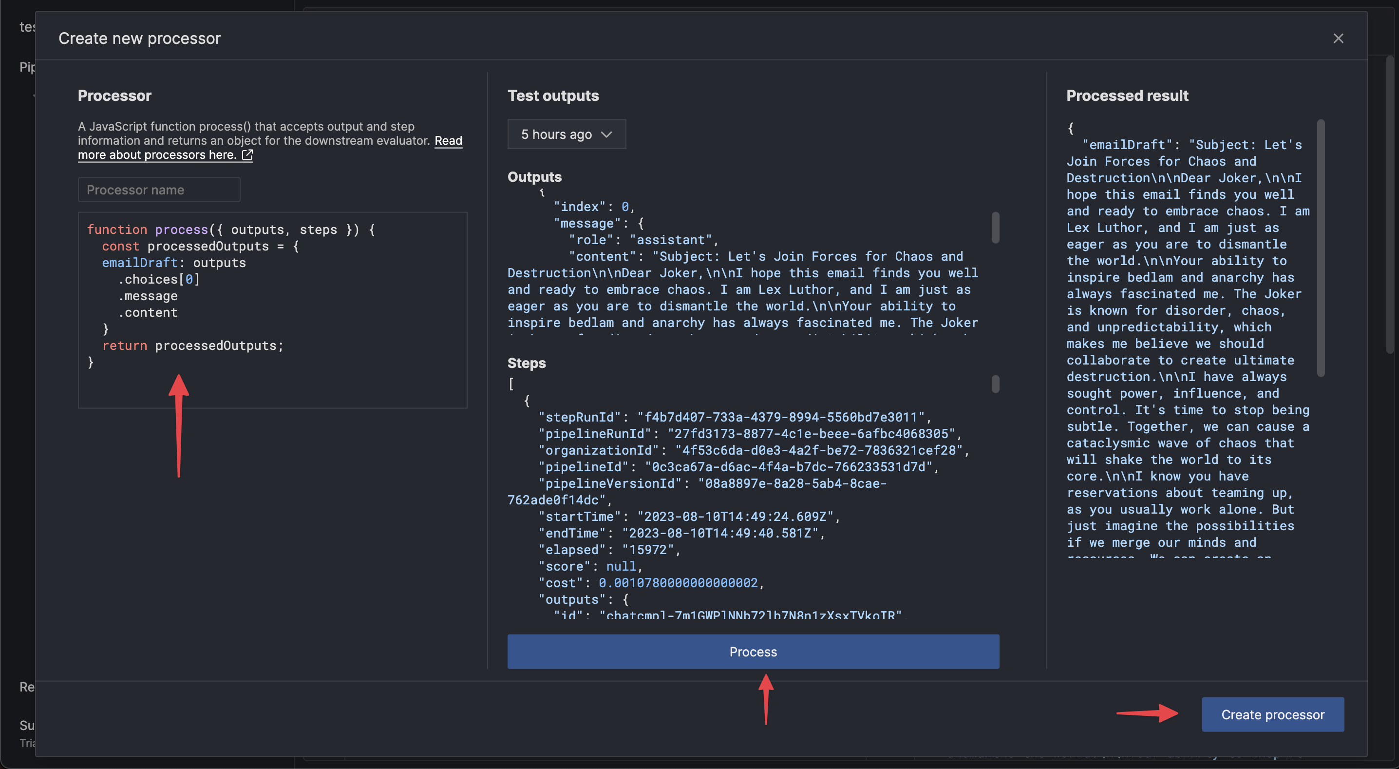 Test and create processor