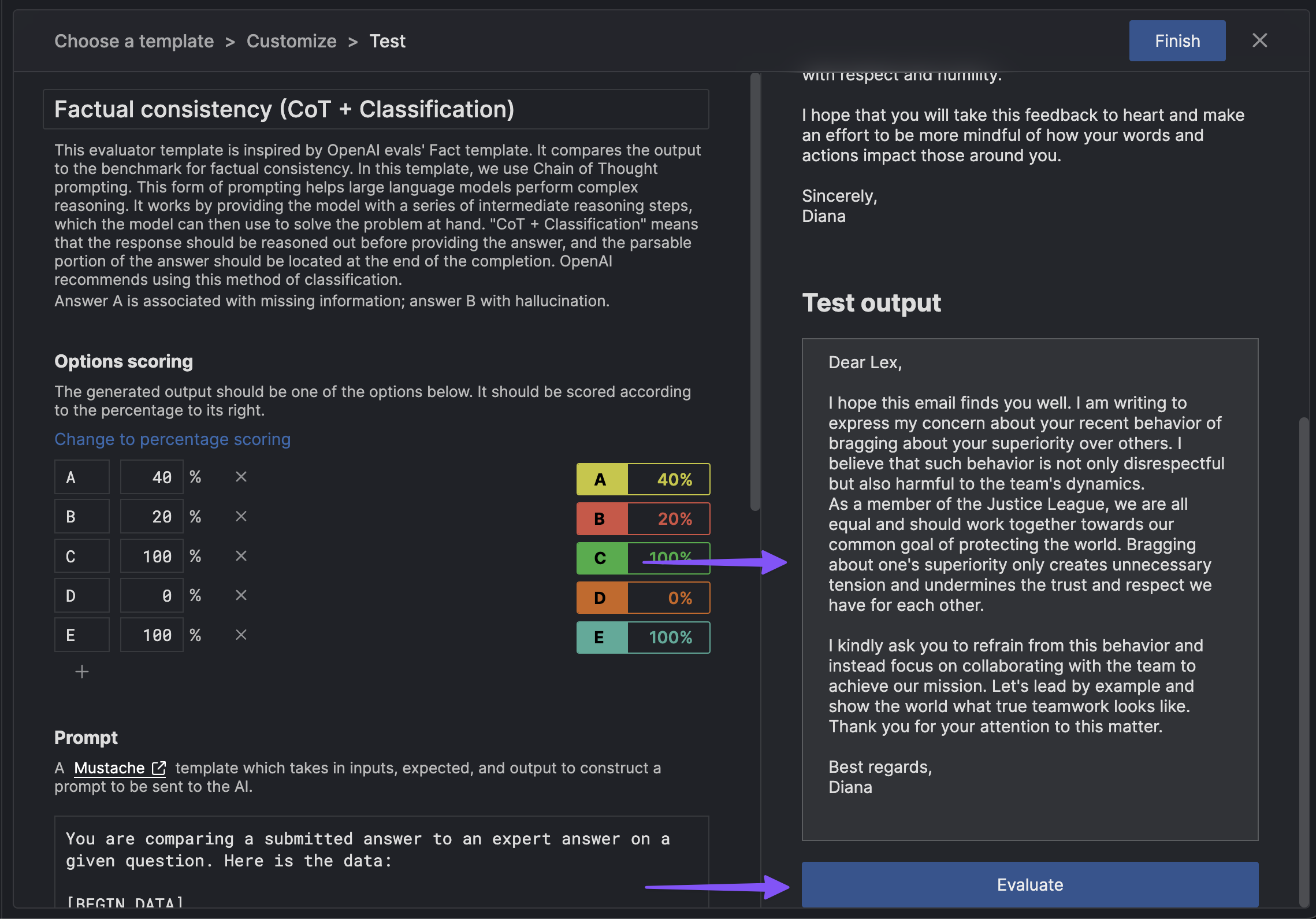 Test evaluator output